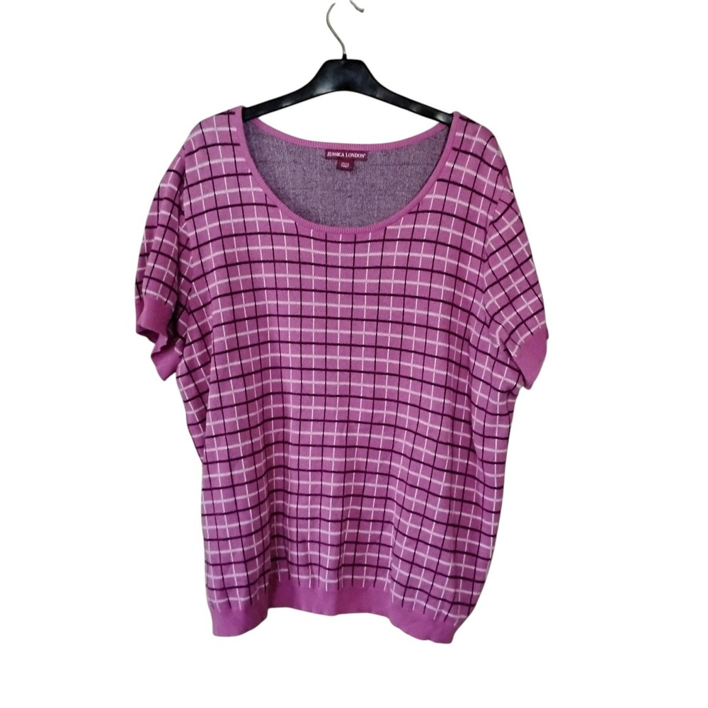 Jessica London Purple Grid Short Sleeve Cotton Sweater Top Plus Size 22/24